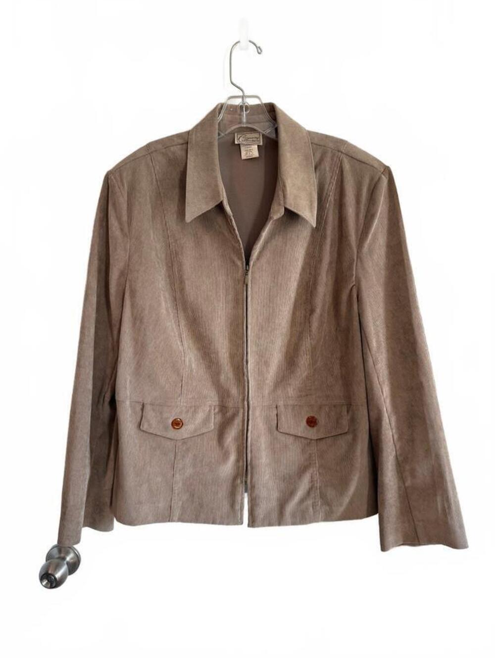 Vintage Company Collection Corduroy Jacket 16 Taupe Zip Front Quiet Luxury